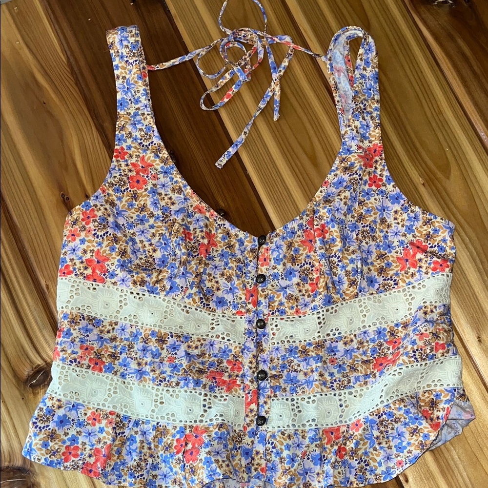 Free People Floral Cropped Tank Top in Blue, Red, Brown, Cream